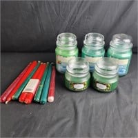 Box Lot of Candles, tapers and Jars