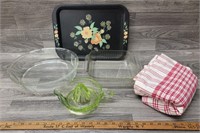 Green Glass Juicer; Tablecloth; (3) Alum.Trays