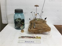 Misc Lot- Blue Jar w/ buttons, Pillow + Hat Pins