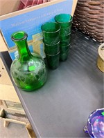 Antique Glass Decanter & Green Cups