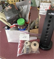 Miscellaneous desk items and fan