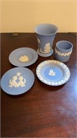 Five pieces of blue Wedgewood China, includes a
