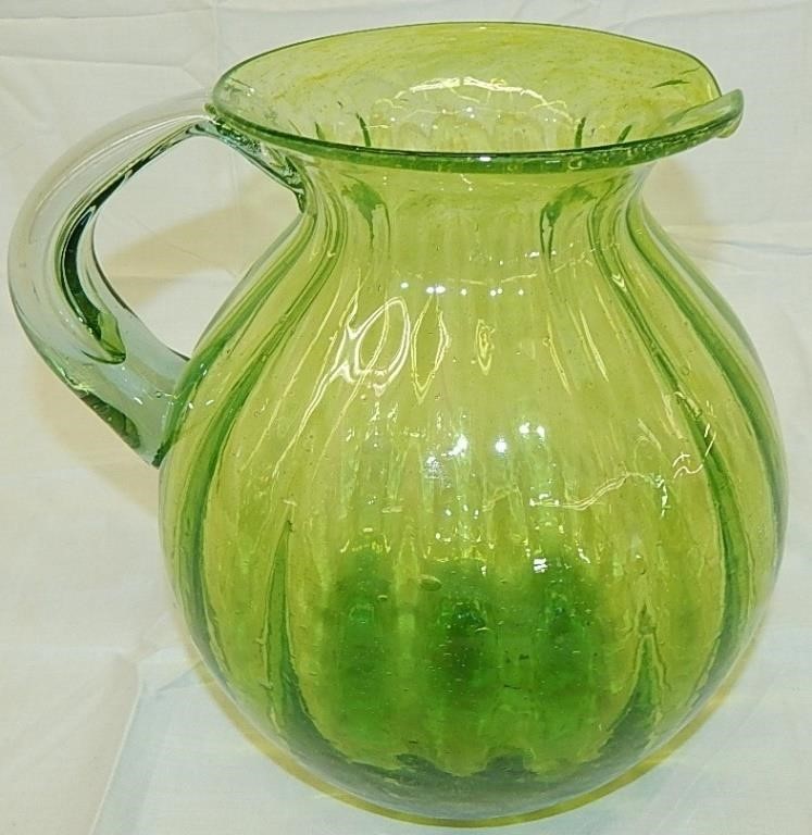 Hand Blown Green glass pitcher