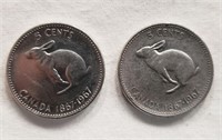 2 Canada 5 Cents, Hare Rabbit Bunny Coin