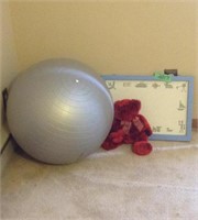 Exercise ball, Childs chalkboard, teddy bear