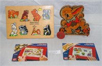 FLAT BOX OF VTG. CHILD PUZZLES AND TOY W/DAMAGE