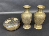 Small Etched Brass Bud Vase Pair, Lidded Brass