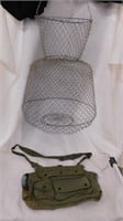 Wire live fishing basket & old fishing bag.