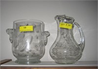 Etched Glass Pitcher & Crystal Ice Bucket