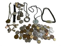 Soapstone necklace, foreign coins, and other