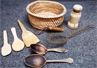 Antique Pot Holder, Wooden Spoons, Whisk & More