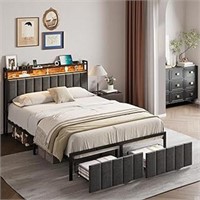 Full Size Bed Frame With 2 Storage Drawers And Led