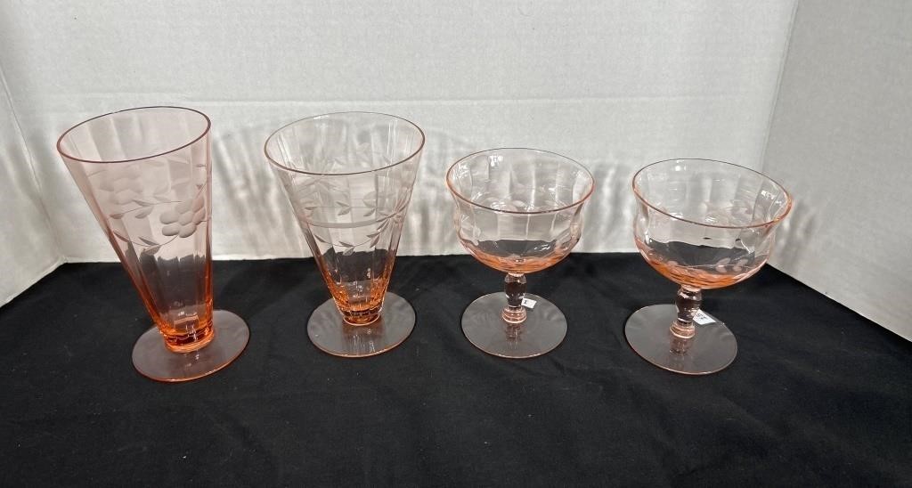 4 Peach Etched Depression Glasses: 6 in.