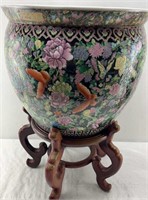 14in Asian flower pot with wooden stand