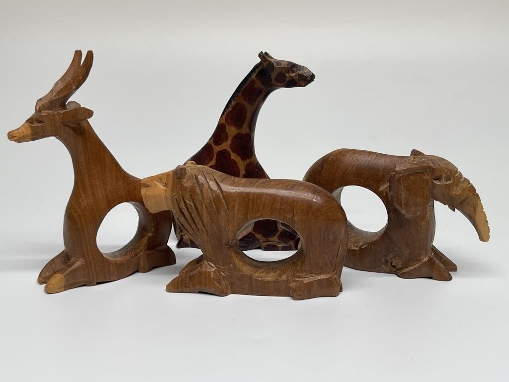 4- Wooden Safari Animal Figural Napkin Rings