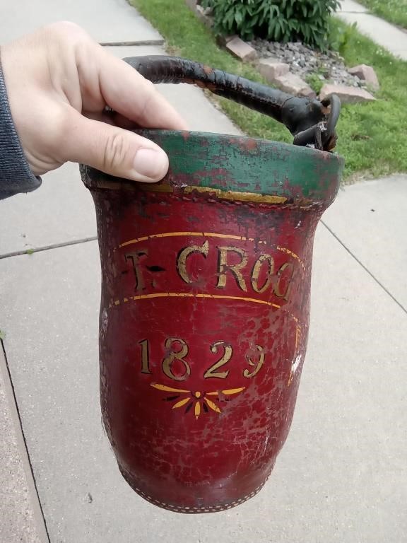"1829" all leather fire bucket & fireman plaque