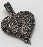 Sterling Silver Heart Pendant W Marcasite Stones