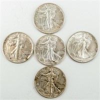 Coin 5  Walking Liberty Half Dollars  AU / BU