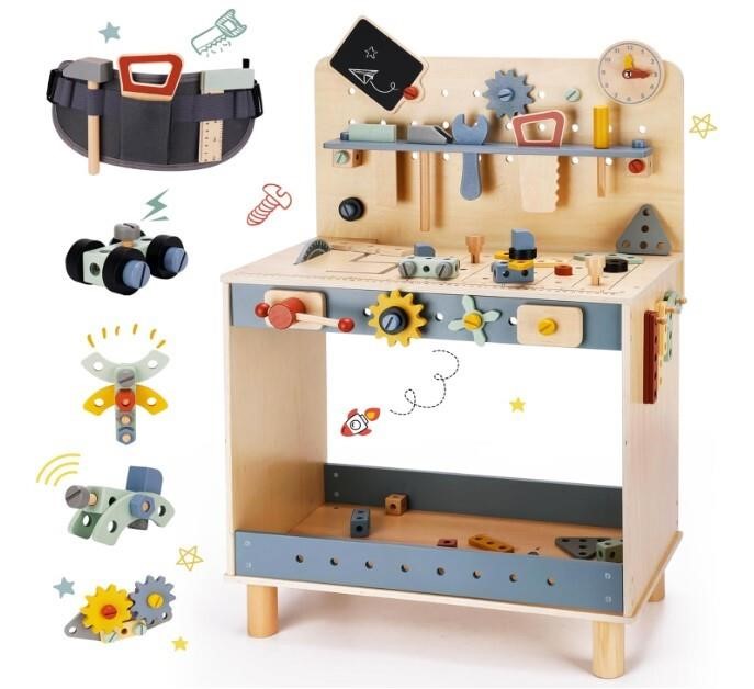 Deluxe Wooden Toy Workbench for Kids, 69 Pieces