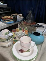 Chantel tea kettle, three dishes, coffee mugs