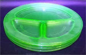 Uranium Depression Glass Divided Plates, 11"