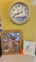 Box lot 2-framed pictures & sailboat clock
