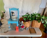 Blue child's chair, basket, ceramic snowman