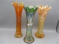 3 Carnival glass vases as shown