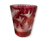 Antique Red Cut Glass Etched Vase Deer & Birds