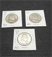 (3) AU Franklin Half Dollars: 1948-D, 1963-P&D