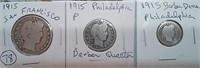 1915 S Barber half dollar + 1915 P quarter & dime