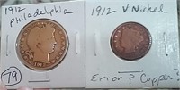 1912 P barber silver half dollar + error? v nickel