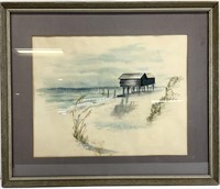 Vintage Signed Beach House Watercolor Painting