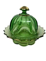 Green depression glass covered butter dish