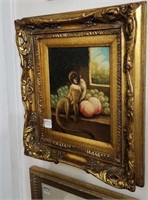 Framed oil on canvas, 14 x 16" Monkey & fruit