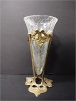 Art Nouveau Crackle Glass Vase w/ Brass Stand