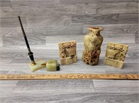 Asian Carved Stone Vase & Bookends