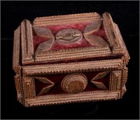 Early American Folk Wooden Tramp Art Velvet Box