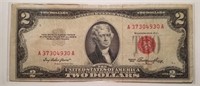 1953 Red Seal $2 Two Dollar Note - Circulated