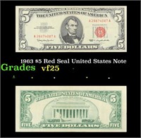 1963 $5 Red Seal United States Note Grades vf+