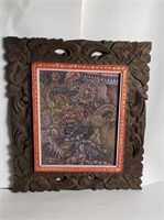 Vintage Bali signed oil on canvas in carved wood