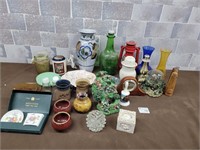 Vintage lantern, colour glass vases, candles, etc