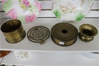 FOUR BRASS ITEMS SMALL SPITTOON,  TRENCH ART ASH