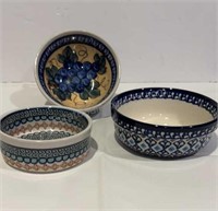 POLISH HANDMADE POTTERY TRIO OF BOWLS 5-6”