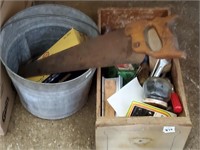 Galvanized Bucket w/ Assorted Tools, Wood Box w/