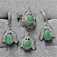 $2100 Silver Emerald Ring Earring And Pendant(14ct