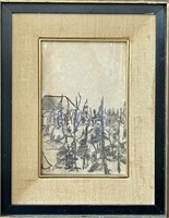 RENE GAGNON CHARCOAL ON PAPER  'FOREST CABIN SCENE