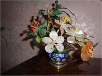 Cloisonne Basket with Jade Flowers - 8 inches