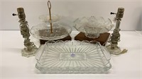 3 Glass Serving Plates and 2 Glass Lamps