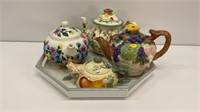 Tray with 4 pretty Teapots